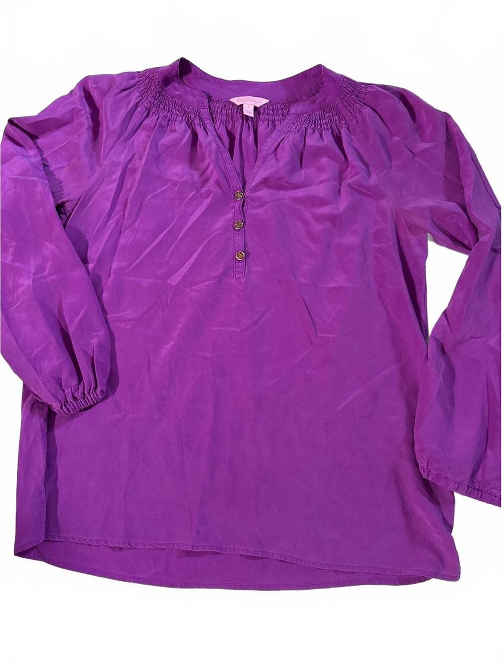 Lilly Pulitzer Women's Purple Long Sleeve Smocked Neck Blouse Size Small